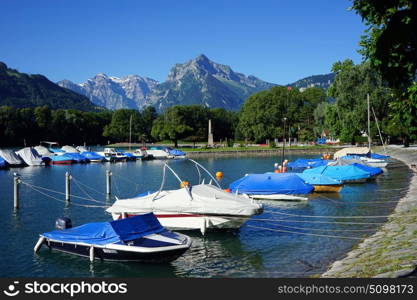 Boats on the lake in Wessen in Switzerland