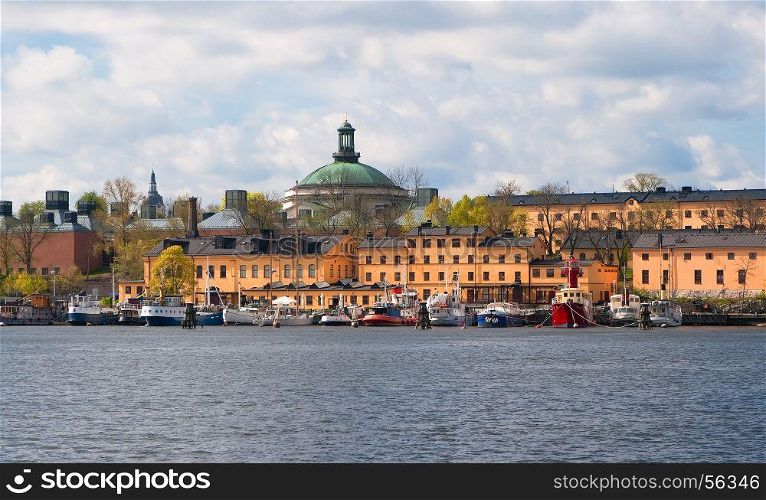 Boats on the waterfront of Stockholm on a spring day