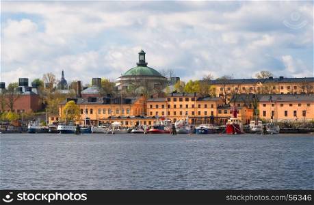 Boats on the waterfront of Stockholm on a spring day