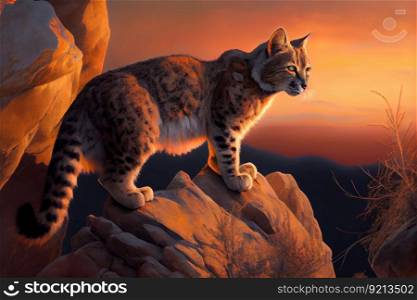 bobcat climbing rock face, with view of the sunset, created with generative ai. bobcat climbing rock face, with view of the sunset