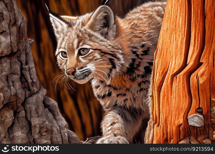 bobcat climbing up tree trunk, its claws digging into the bark, created with generative ai. bobcat climbing up tree trunk, its claws digging into the bark