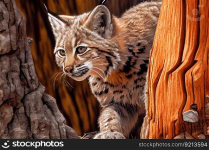 bobcat climbing up tree trunk, its claws digging into the bark, created with generative ai. bobcat climbing up tree trunk, its claws digging into the bark