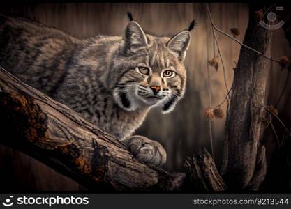 bobcat crouching on tree branch, surveying its territory, created with generative ai. bobcat crouching on tree branch, surveying its territory