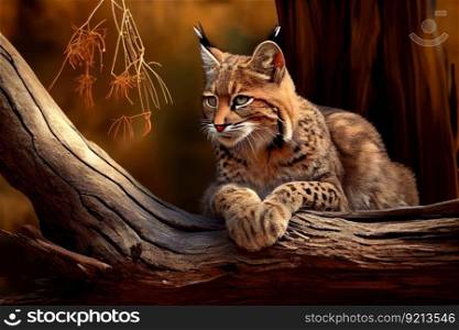 bobcat crouching on tree branch, surveying its territory, created with generative ai. bobcat crouching on tree branch, surveying its territory