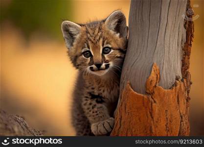 bobcat cub climbing tree trunk, created with generative ai. bobcat cub climbing tree trunk