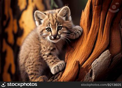 bobcat cub climbing tree trunk, created with generative ai. bobcat cub climbing tree trunk