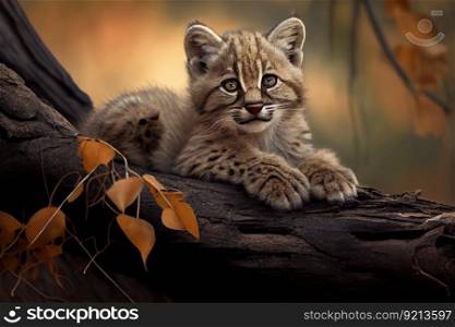 bobcat cub lying on tree branch, watching the world around it, created with generative ai. bobcat cub lying on tree branch, watching the world around it