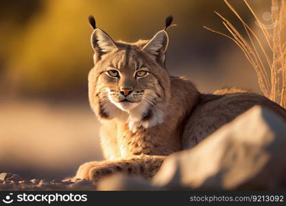 bobcat grooming its sleek fur in the sunlight, created with generative ai. bobcat grooming its sleek fur in the sunlight