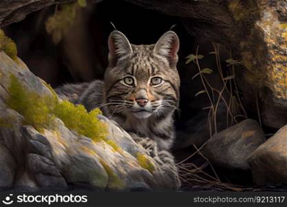 bobcat hiding among rocks in the forest, created with generative ai. bobcat hiding among rocks in the forest