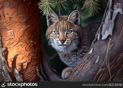bobcat hiding behind tree, surveying its surroundings, created with generative ai. bobcat hiding behind tree, surveying its surroundings