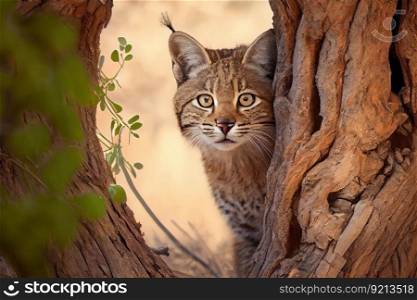 bobcat hiding behind tree, surveying its surroundings, created with generative ai. bobcat hiding behind tree, surveying its surroundings