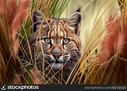 bobcat hiding in tall grass, watching for prey, created with generative ai. bobcat hiding in tall grass, watching for prey