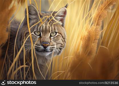 bobcat hiding in tall grass, watching for prey, created with generative ai. bobcat hiding in tall grass, watching for prey