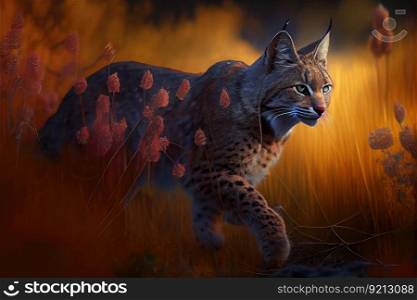 bobcat hunting for dinner in a meadow, created with generative ai. bobcat hunting for dinner in a meadow