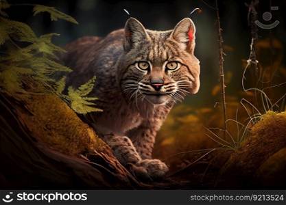 bobcat hunting for its prey in forest, created with generative ai. bobcat hunting for its prey in forest