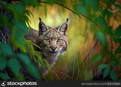 bobcat in the forest, hidden among foliage, created with generative ai. bobcat in the forest, hidden among foliage