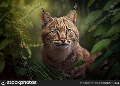 bobcat in the forest, surrounded by greenery, created with generative ai. bobcat in the forest, surrounded by greenery