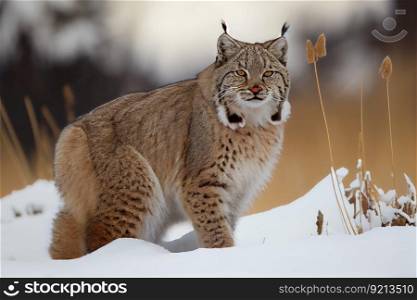 bobcat in the snow, with its fur standing on end, created with generative ai. bobcat in the snow, with its fur standing on end