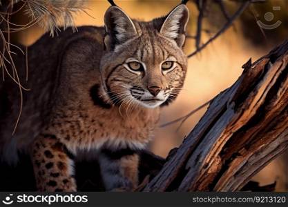 bobcat in the wild, surveying its territory, created with generative ai. bobcat in the wild, surveying its territory