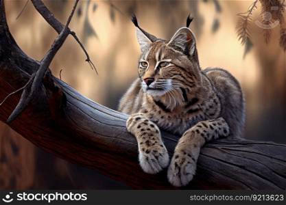 bobcat lounging on tree branch, surveying its domain, created with generative ai. bobcat lounging on tree branch, surveying its domain