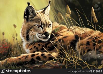 bobcat lying in grassy meadow, created with generative ai. bobcat lying in grassy meadow