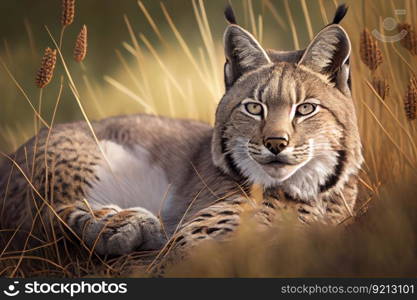 bobcat lying in grassy meadow, created with generative ai. bobcat lying in grassy meadow