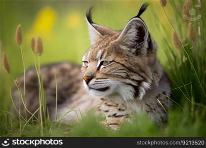 bobcat lying in the grass, its eyes closed, created with generative ai. bobcat lying in the grass, its eyes closed