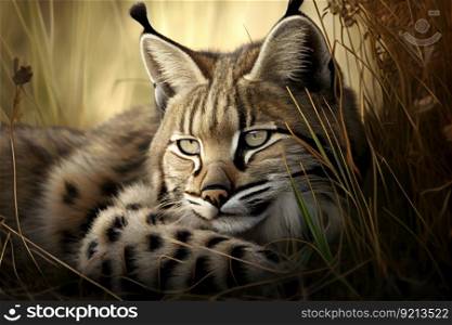 bobcat lying in the grass, its eyes closed, created with generative ai. bobcat lying in the grass, its eyes closed
