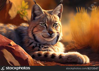 bobcat lying in the sun, enjoying a peaceful moment, created with generative ai. bobcat lying in the sun, enjoying a peaceful moment