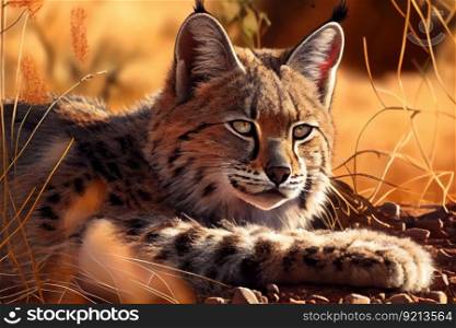 bobcat lying in the sun, its spotted fur shining, created with generative ai. bobcat lying in the sun, its spotted fur shining