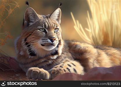 bobcat lying in the sun, surrounded by peaceful tranquility, created with generative ai. bobcat lying in the sun, surrounded by peaceful tranquility