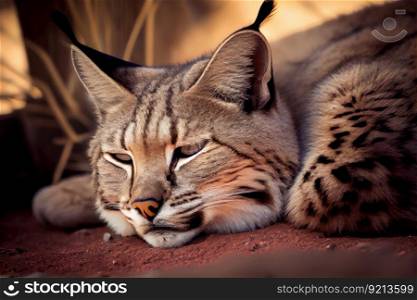bobcat lying on its side with eyes closed, created with generative ai. bobcat lying on its side with eyes closed
