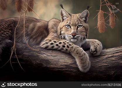 bobcat lying on tree branch, surveying its surroundings, created with generative ai. bobcat lying on tree branch, surveying its surroundings