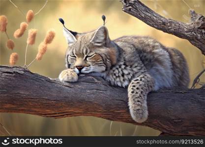 bobcat napping on tree branch, created with generative ai. bobcat napping on tree branch