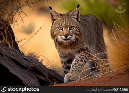 bobcat on the hunt, its eyes focused on prey, created with generative ai. bobcat on the hunt, its eyes focused on prey