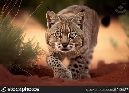 bobcat on the hunt, its eyes focused on prey, created with generative ai. bobcat on the hunt, its eyes focused on prey