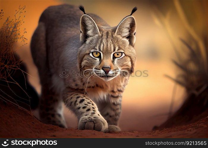 bobcat on the hunt, with its eyes fixed and ears twitching, created with generative ai. bobcat on the hunt, with its eyes fixed and ears twitching