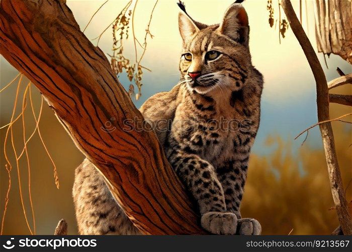 bobcat on tree branch, surveying its territory, created with generative ai. bobcat on tree branch, surveying its territory