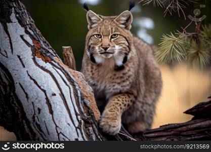 bobcat on tree branch, surveying its territory, created with generative ai. bobcat on tree branch, surveying its territory