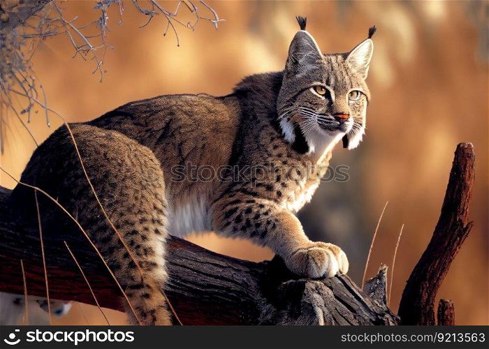 bobcat perched on tree branch, surveying its domain, created with generative ai. bobcat perched on tree branch, surveying its domain