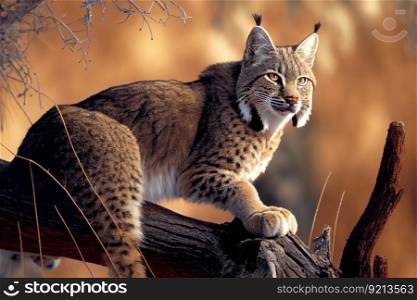 bobcat perched on tree branch, surveying its domain, created with generative ai. bobcat perched on tree branch, surveying its domain