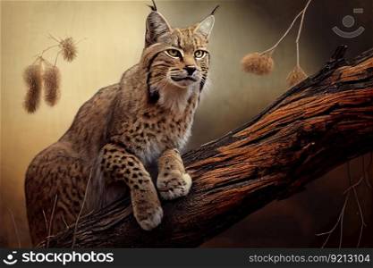 bobcat perched on tree branch, surveying its surroundings, created with generative ai. bobcat perched on tree branch, surveying its surroundings