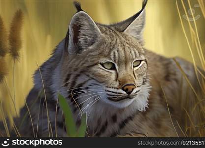 bobcat rest in high grass with its eyes closed, created with generative ai. bobcat rest in high grass with its eyes closed
