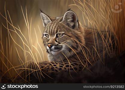 bobcat rest in high grass with its eyes closed, created with generative ai. bobcat rest in high grass with its eyes closed