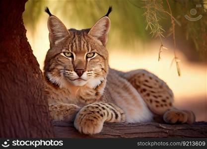 bobcat resting in the shade of a tree, with its head on its paws, created with generative ai. bobcat resting in the shade of a tree, with its head on its paws