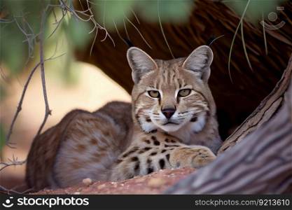 bobcat resting in the shade of a tree, with its head on its paws, created with generative ai. bobcat resting in the shade of a tree, with its head on its paws