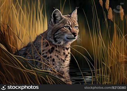 bobcat sitting in tall grass, surveying its territory, created with generative ai. bobcat sitting in tall grass, surveying its territory
