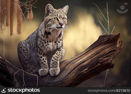 bobcat sitting on fallen tree, surveying its surroundings, created with generative ai. bobcat sitting on fallen tree, surveying its surroundings