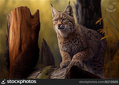 bobcat sitting on fallen tree trunk, looking out into the forest, created with generative ai. bobcat sitting on fallen tree trunk, looking out into the forest