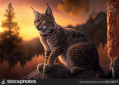 bobcat sitting on rock in forest, with view of the sunset, created with generative ai. bobcat sitting on rock in forest, with view of the sunset